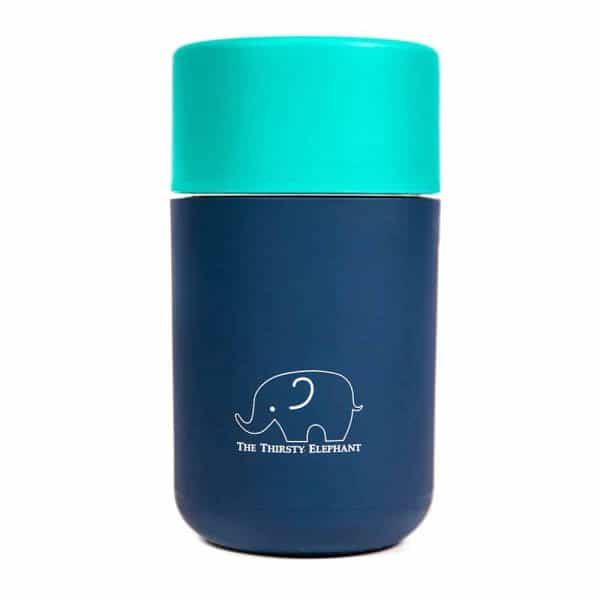 12oz reusable cup with turquoise lid and navy blue body colour