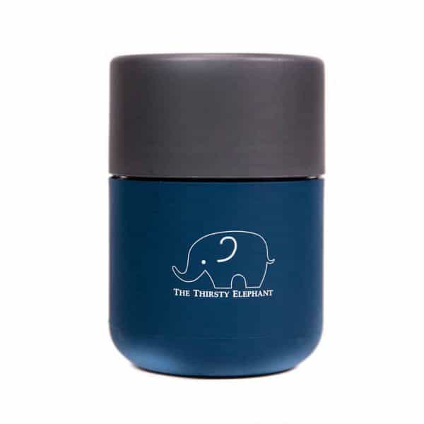 8 ounce reusable cup with grey lid and navy blue body