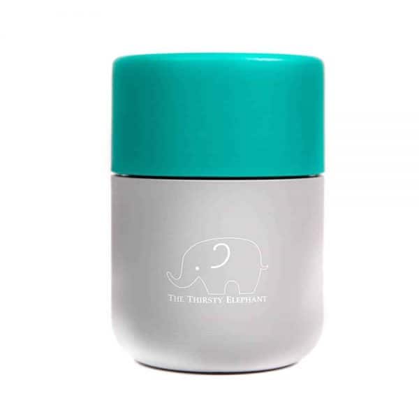 8 ounce reusable cup with turquoise lid and light grey body