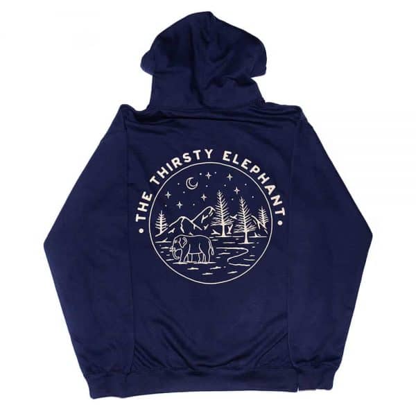 The Thirsty Elephant Hoodie (reverse) with printed design